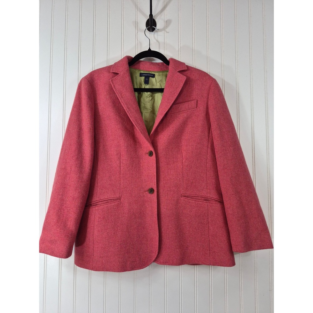 Lands End Womens Pink Wool Blend Two Button Blazer Jacket Size 14 Heathered Cozy